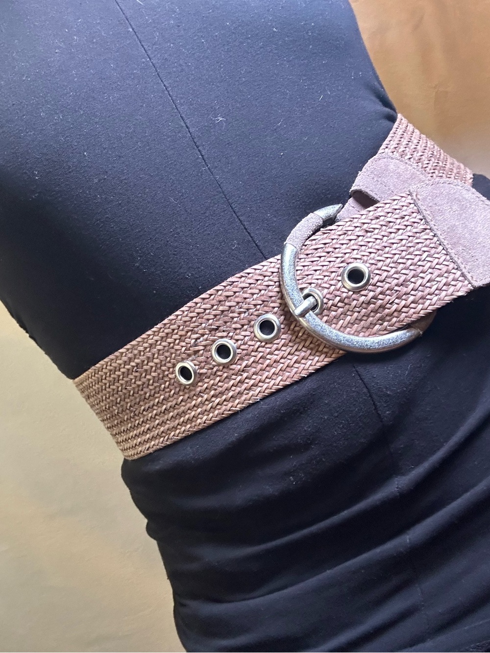 MNG Wide Taupe Woven Boho Belt Suede Trim Size 75/ Small Made in Spain